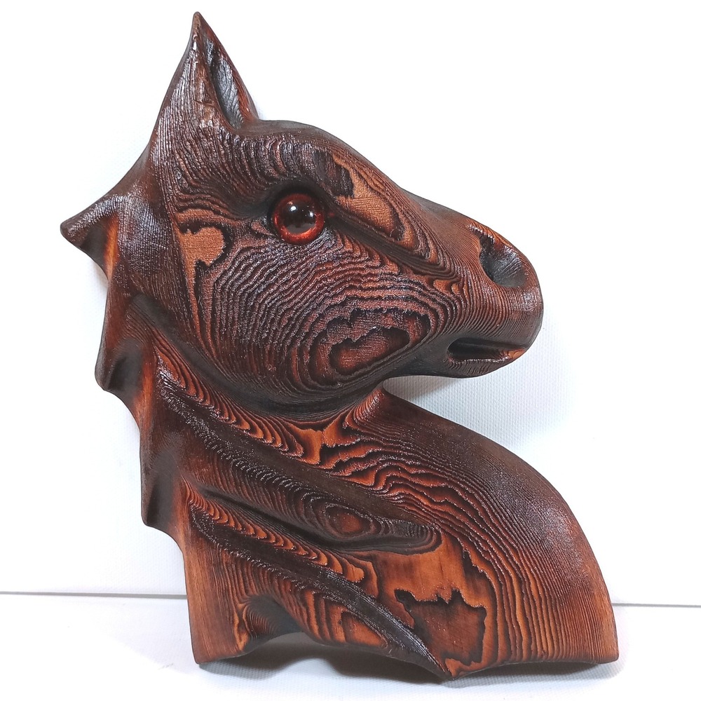 Vintage Carved Wood Horse Head Wall Plaque Amber Glass Eye Equestrian Decor